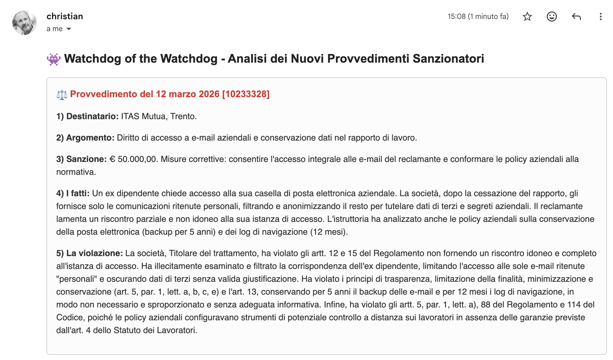 Esempio di email di WOW